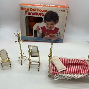 LIDO DOLL HOUSE BRASS FURNITURE LOT MIRROR Coat Rack Chair Bed